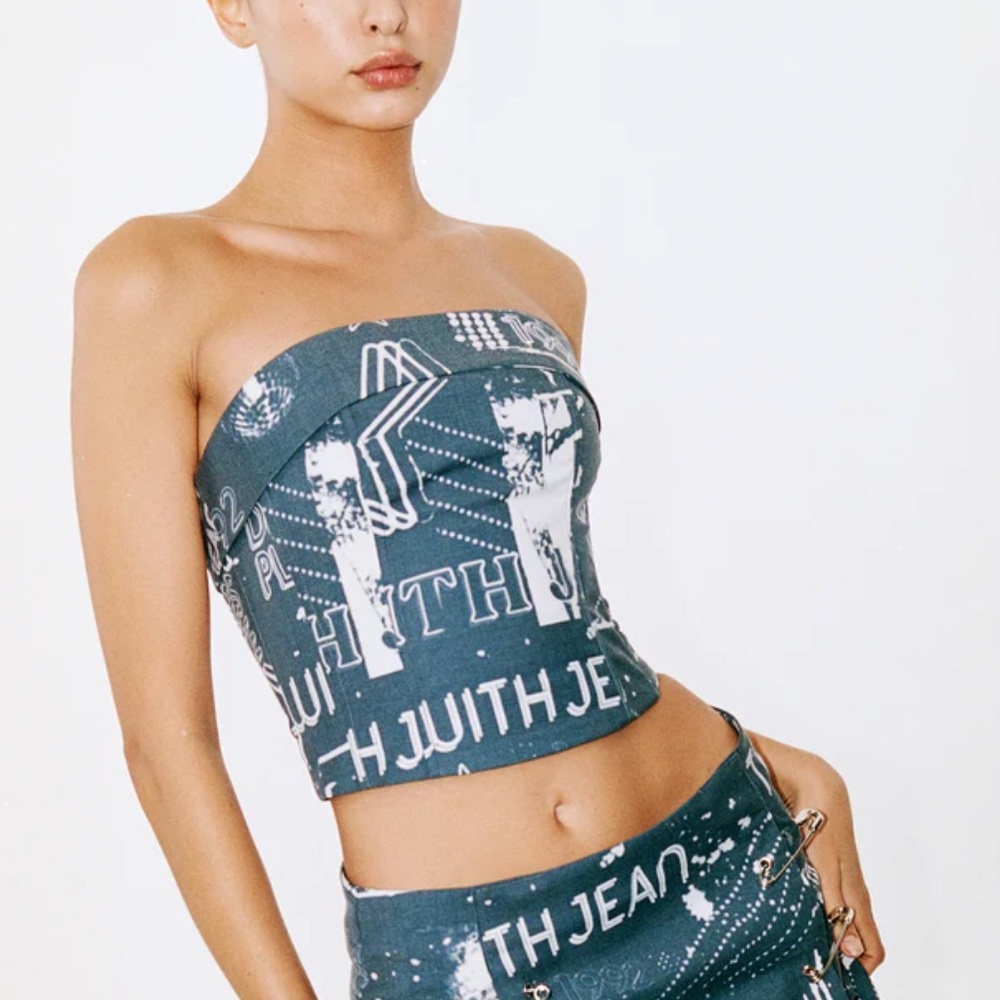 With Jean Blue & White Printed Corset Top
